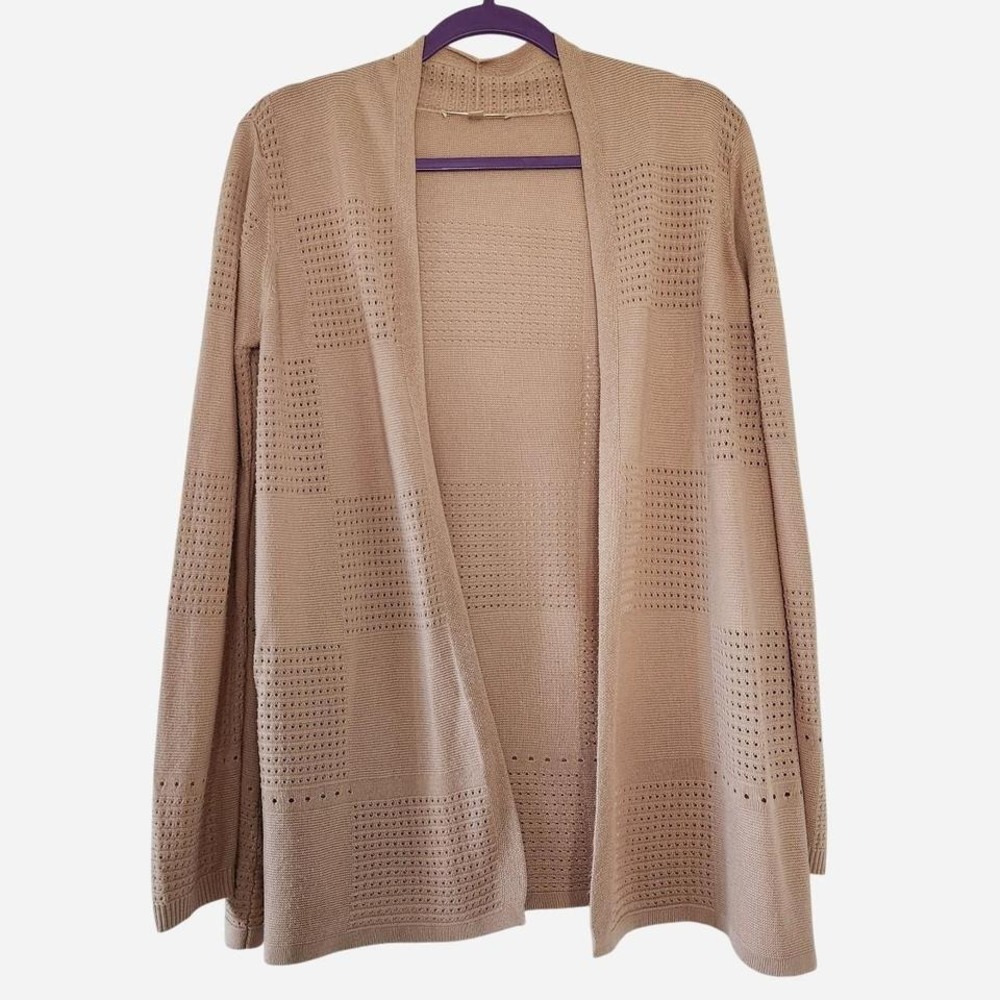 Cyrus Long Sleeve Knit Open Front Cardigan Squared Knit Pattern Tan Lightweight